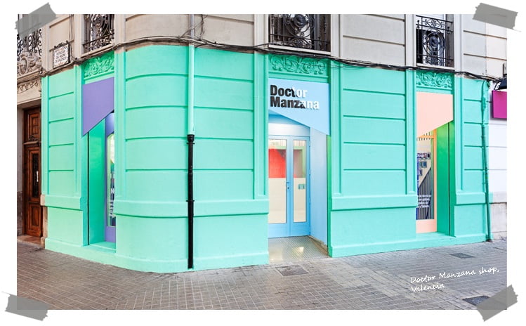 Doctor Manzana, funny shop design, mint facade, mint colour shop design
