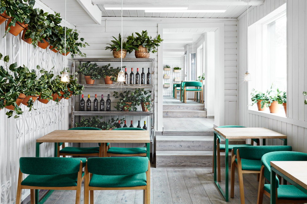 restaurant design in oslo, restaurant design sweden, cool restaurant design , masquespacio, white green design, spanigh restaurant design, ikat decor, green chairs, green chairs restaurant