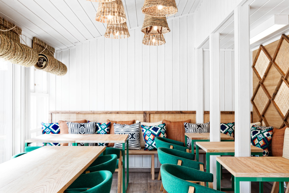 restaurant design in oslo, restaurant design sweden, cool restaurant design , masquespacio, white green design, ikat prints decor, rafia lamps