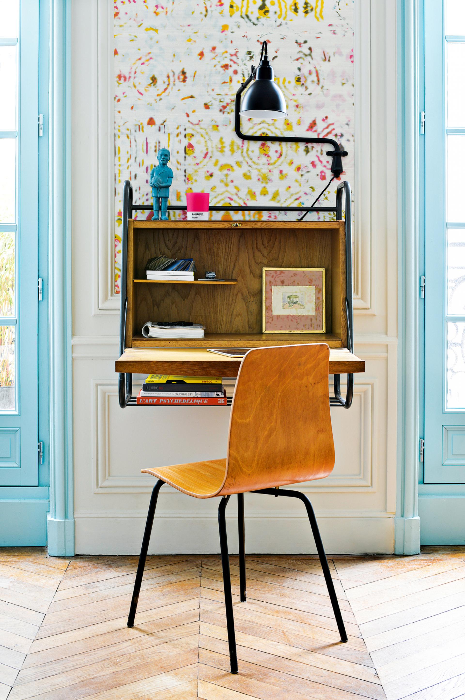 colourful apartment in paris, paris interior, turquoise interior, italianbark interior design blog, home desk corner, vintage desk