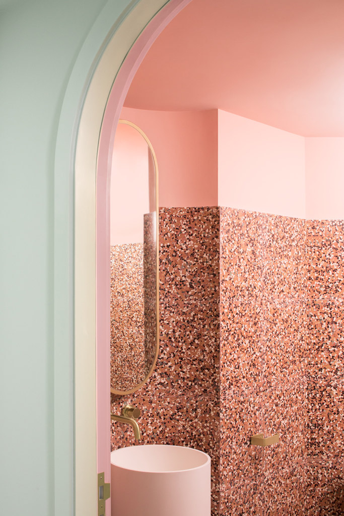 cafe design in china, the budapest cafe, pastel colors interior, wes anderson design, pink toilet design