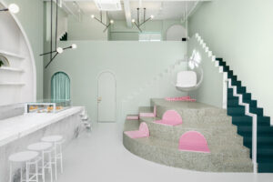 cafe design in china, the budapest cafe, pastel colors interior, wes anderson design