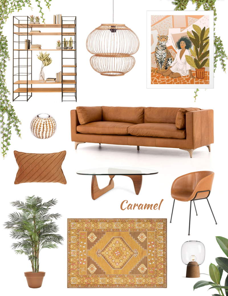 caramel color decor, tan leather decor, hazel moodboard, decorate with neutrals, italianbark, shop online