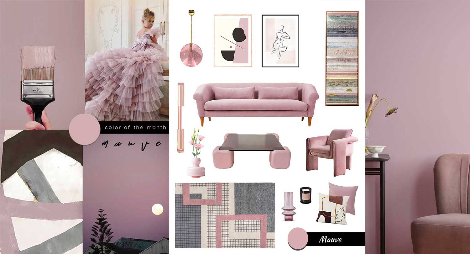 decorating with purple, mauve color trend, moodboard lilac, mauve furniture and decor