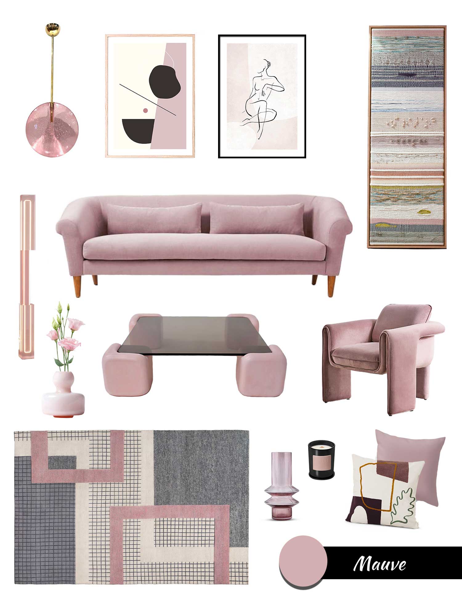 decorating with purple, mauve color trend, moodboard lilac, mauve furniture and decor